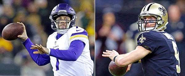 AP
At left, in a Dec. 23, 2017, file photo, Vikings quarterback Case Keenum throws during the first half of a game against the Packers in Green Bay, Wis. At right, in a Dec. 24, 2017, file photo, Saints quarterback Drew Brees drops back to pass in the first half of a game against the Falcons, in New Orleans. The Saints and Vikings play in a divisional playoff game today in Minneapolis.