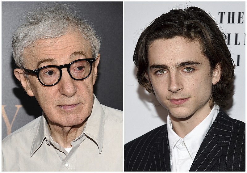 This combination photo shows director Woody Allen at the premiere of "Cafe Society in New York on, July 13, 2016, left, and Timothee Chalamet at the New York Film Critics Circle Awards on Jan. 3, 2018, in New York. A growing number of actors are distancing themselves from Allen, heightening questions about the future of the prolific 82-year-old filmmaker in a Hollywood newly sensitive to allegations of sexual misconduct. Chalamet said he’ll donate his salary for an upcoming Woody Allen film to charities fighting sexual harassment and abuse. The breakout star of "Call Me By Your Name" announced Tuesday on Instagram that he didn't want to profit from his work on Allen's "A Rainy Day in New York," which wrapped shooting in the fall. (Photos by Evan Agostini/Invision/AP)