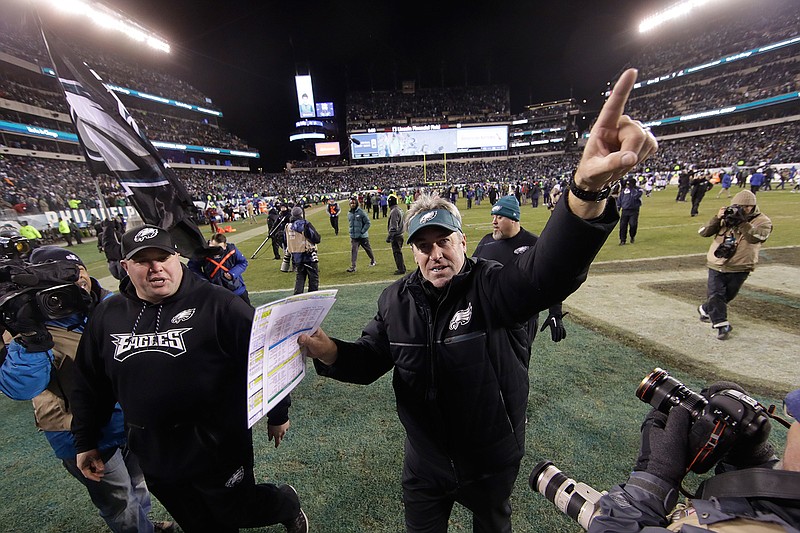 Philadelphia Eagles head coach Doug Pederson celebrates after an NFL divisional playoff football game against the Atlanta Falcons, Saturday, Jan. 13, 2018, in Philadelphia. Philadelphia won 15-10. 