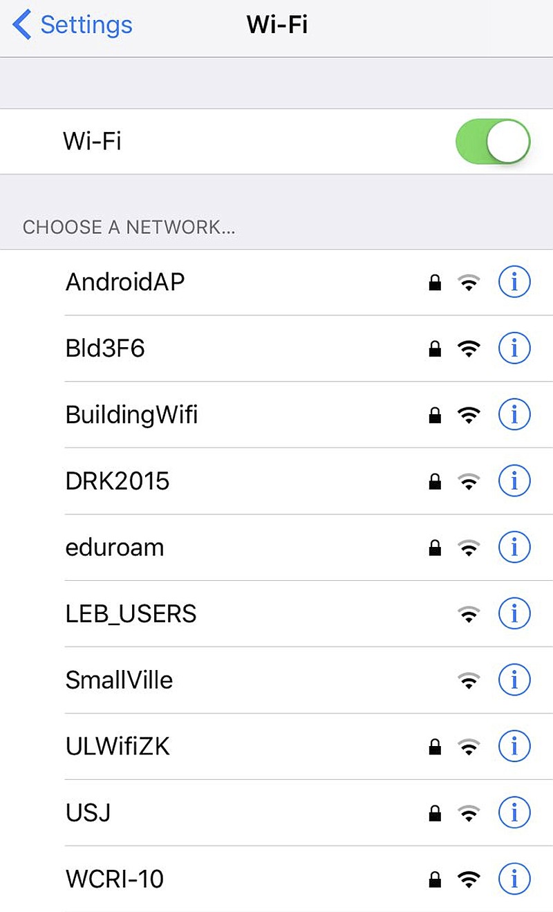 A smartphone screenshot taken Wednesday, Jan. 18, 2017 shows the WiFi networks active at the corner of Pierre Gemayel and Damascus Streets in Beirut. A report being published Thursday identifies the second WiFi network from the top as being associated with Lebanon’s General Directorate of General Security, which is at the same address. (AP Photo)