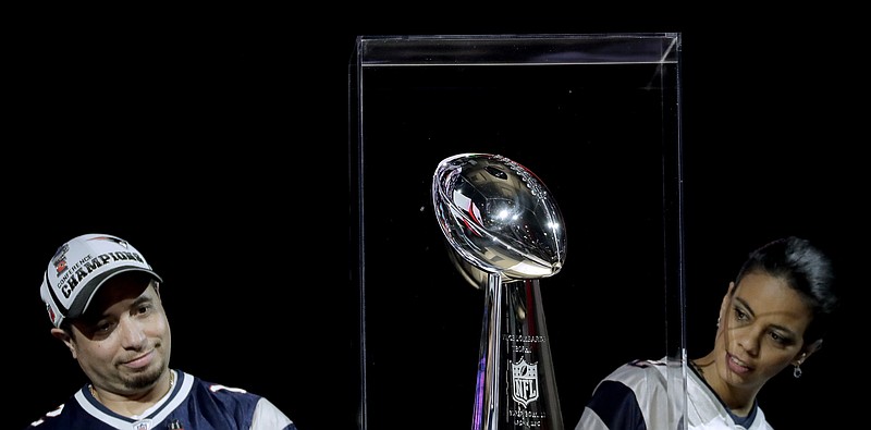 This Feb. 3, 2017, file photo, shows the Vince Lombardi Trophy on display in Houston as part of last year's Super Bowl events. The trophy will be on display this year at the Super Bowl Experience in Minneapolis, one of a number of attractions for fans ahead of the big game. 