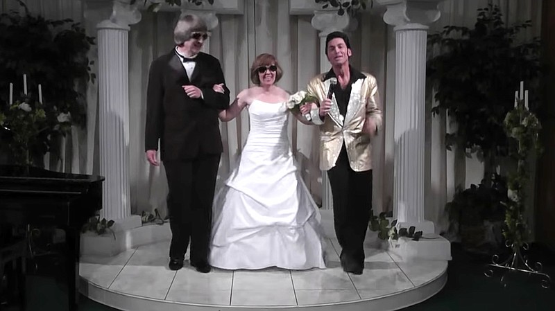 In this Oct. 29, 2011, image made from a video provided by A Elvis Chapel, David Allen Turpin, left, and his wife, Louise Anna Turpin, center, celebrate a renewal of their wedding vows with Elvis impersonator Kent Ripley in Las Vegas. The couple was arrested Sunday, Jan. 14, 2018, after authorities found their malnourished children in their home in suburban Perris, Calif., 60 miles (96 kilometers) southeast of Los Angeles. The couples' children were so emaciated the older ones still looked like children. (A Elvis Chapel via AP)