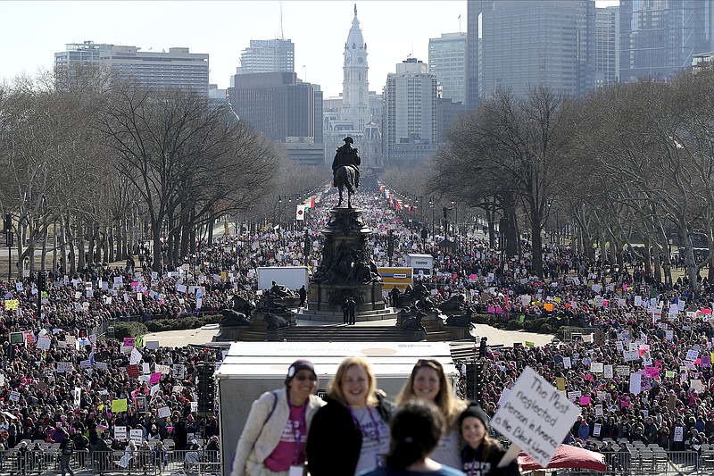 Thousands gather during the Women's March in Philadelphia on Saturday, Jan.  20, 2018. The march is among dozens of rallies being held around the country. The activists are hoping to create an enduring political movement that will elect more women to government office. (David Maialetti/The Philadelphia Inquirer via AP)