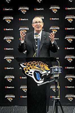 In this April 27, 2017, file photo, Jaguars executive vice president of football operations Tom Coughlin gestures while speaking to reporters in Jacksonville, Fla.