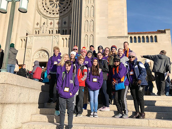 A group of St. Joseph Cathedral students pose after Mass on Friday at the Basilica in Washington D.C. 