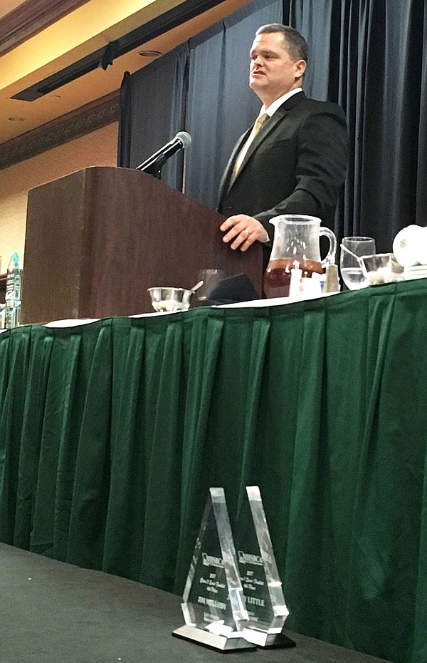 Helias baseball coach Chris Wyrick speaks Saturday after being inducted into the Missouri High School Baseball Coaches Association Hall of Fame at Capitol Plaza Hotel. Wyrick is the 69th coach to receive the honor.