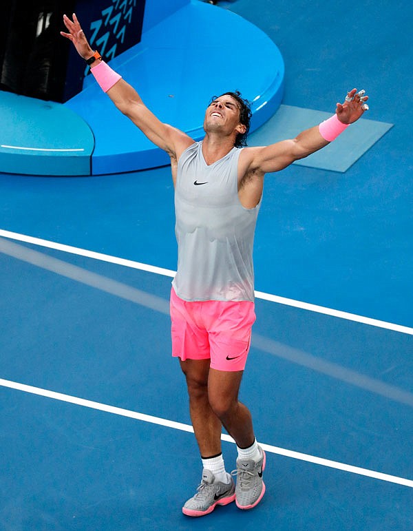 Rafael Nadal celebrates after defeating Diego Schwartzman during their fourth round match Sunday at the Australian Open in Melbourne, Australia.