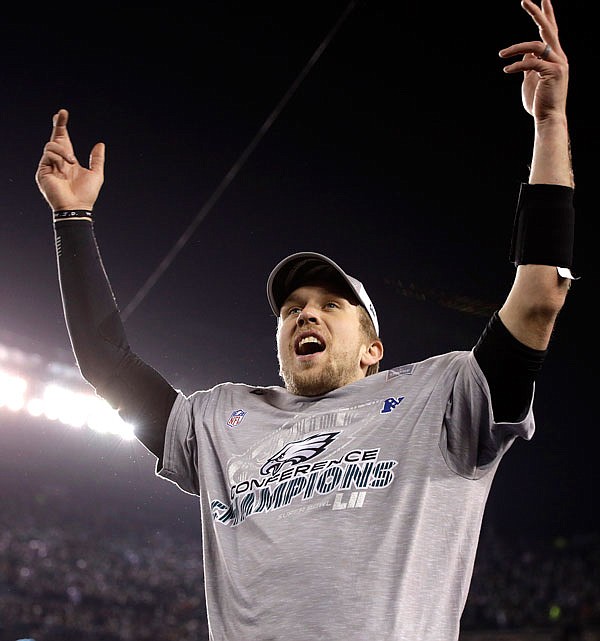 Eagles quarterback Nick Foles celebrates after Sunday's NFC championship game against the Vikings in Philadelphia. The Eagles won 38-7 to advance to Super Bowl LII.