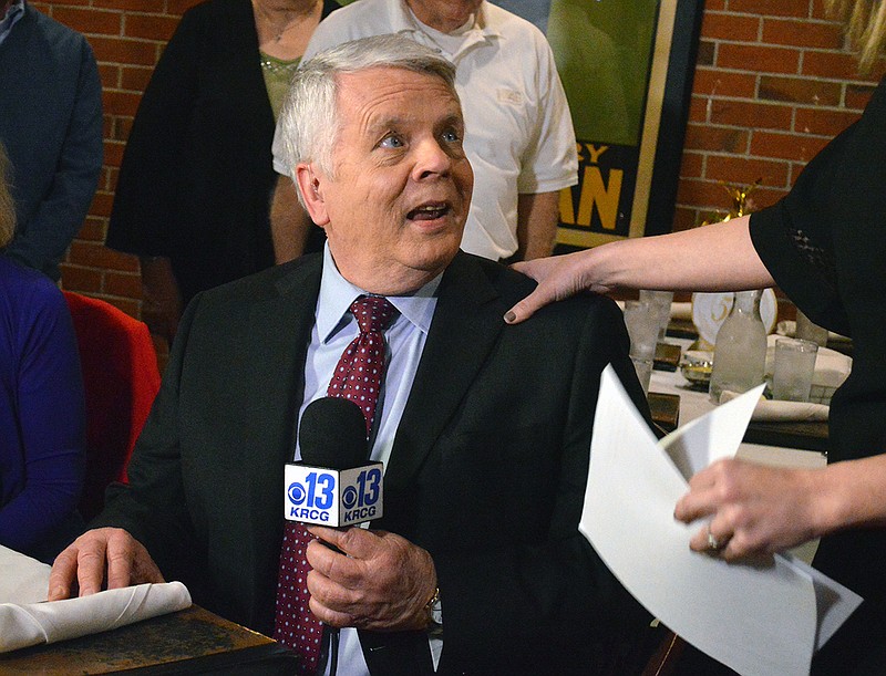 KRCG's Dick Preston, celebrating 50 years at the station, prepares to go live Friday, Jan. 26, 2018, at Madison's Cafe in Jefferson City. Family, friends and many, many admirers and fans gathered for the celebration and live show.