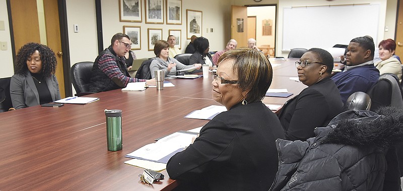 FILE: The Human Relations Commission held its first meeting in January since it was recently resurrected and saw a good turnout of councilpersons and some from the community at large. A few of the commission members are, from right, Patsy Johnson, Kennette Goodman, Raymond Lee and at left are Makele Ndessokia, Mitchell Woodrum and Jane Barnes. 