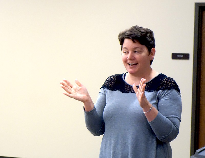 <p>Helen Wilbers/FULTON SUN</p><p>Kate Rollins, comunity partnerships coordinator for the United Way of Greater St. Louis, spoke to the Callaway Resource Network on Thursday about 2-1-1. The 2-1-1 program connects callers with a vast variety of services across Missouri.</p>