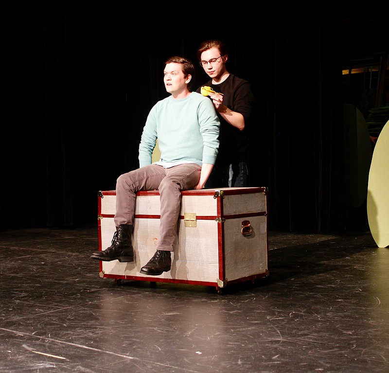 Austin Alford as Boy (or Peter), left, and Gabe Lohse as Prentiss rehearse a scene from "Peter and the Starcatcher" at Texarkana College for the upcoming TexRep production. 
