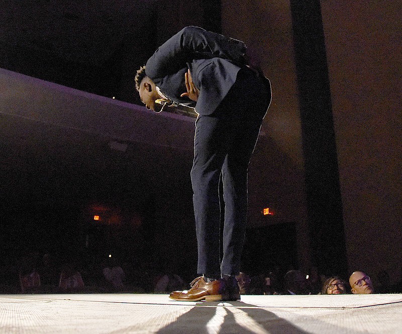 Dwayne Mitchell II takes a bow after giving his three minute presentation on his platform during the Mr. HBCU Competition on Saturday at the Richardson Performing Arts Center. 