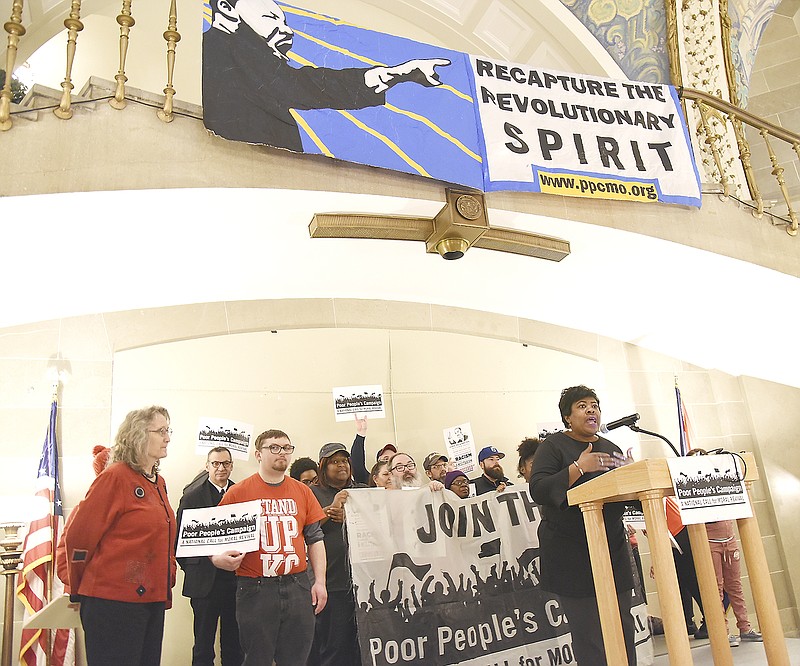 The Rev. Cassandra Gould delivers the closing remarks at Monday's Poor People's Campaign press conference in the Capitol Rotunda. Gould is executive director of Missouri Faith Voices and pastor of Quinn Chapel A.M.E. Church in Jefferson City. 