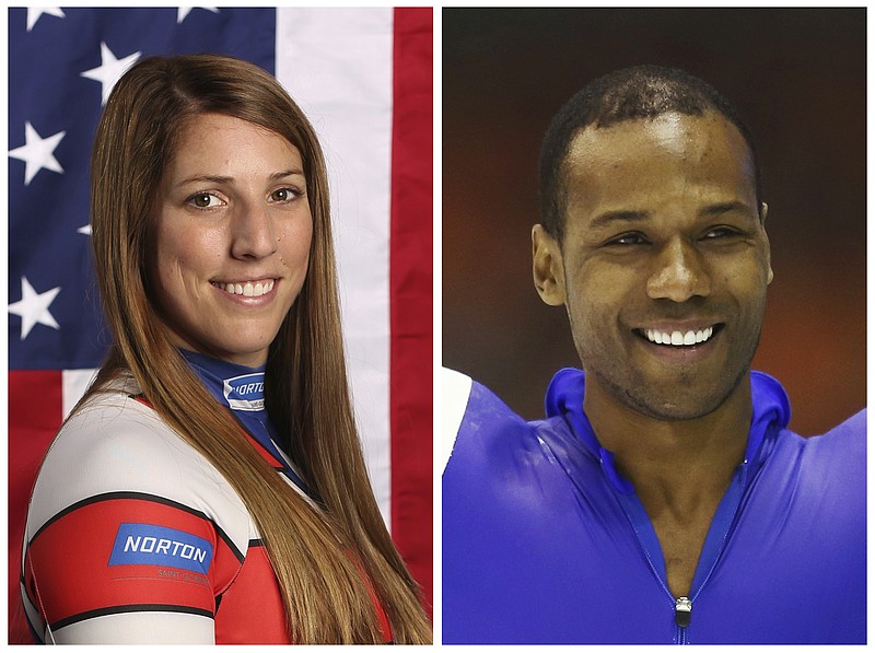 This combination of images shows United States' athletes Erin Hamlin, left, and Shani Davis. A tweet posted to the account of Davis is blasting the selection of luge athlete Hamlin as the U.S. flagbearer for the opening ceremony at the Pyeongchang Games. The tweet says the selection was made "dishonorably," and included a reference to Black History Month in a hashtag. Hamlin and Davis each got four votes in the final balloting of the athlete-led process.  (AP Photos/File)