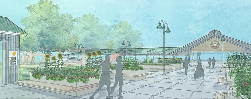 An architectural rendering showing plans for improvements at the Columbia Farmers Market, including an agriculture park. Ground was broken for the ag park last fall.