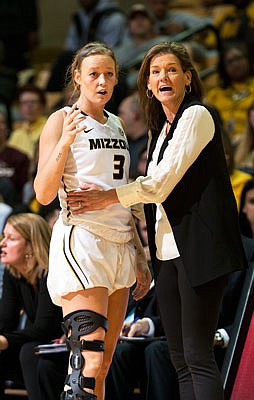 Missouri's Sophie Cunningham and coach Robin Pingeton speak during a game against Mississippi State at Mizzou Arena.