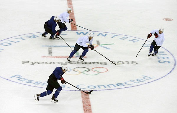 Members of the U.S. men's hockey team practice Friday ahead of the Winter Olympics in Gangneung, South Korea.