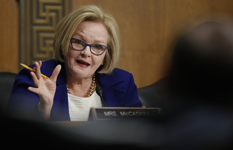 FILE - In this Jan. 9, 2018, file photo, Senate Finance Committee member Sen. Claire McCaskill, D-Mo., asks a question during a Senate Finance Committee hearing on Capitol Hill in Washington. (AP Photo/Carolyn Kaster, File)