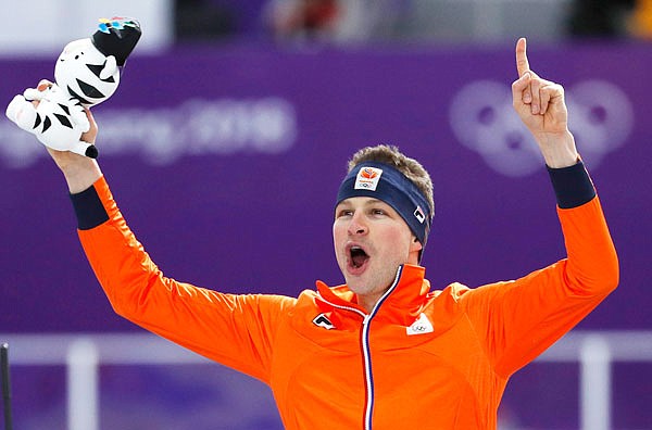 Gold medallist Sven Kramer of the Netherlands celebrates after the men's 5,000-meter race Sunday at the Gangneung Oval at the Winter Olympics in Gangneung, South Korea.
