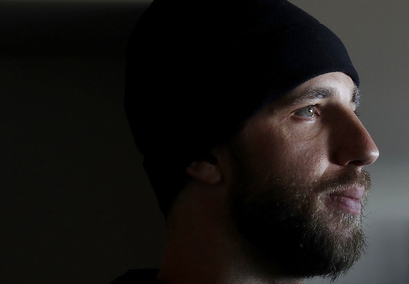 In this Feb. 9, 2018 photo, San Francisco Giants pitcher Madison Bumgarner is interviewed during the team's media day in San Francisco. Bumgarner is in the best shape of his life ready for a bounce-back season after a most forgettable one for San Francisco's big lefty ace. (AP Photo/Jeff Chiu)