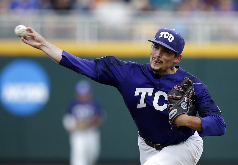In this June 24, 2017, file photo, TCU pitcher Jared Janczak (41) throws in the first inning of an NCAA College World Series baseball elimination game against Florida, in Omaha, Neb. The Horned Frogs head into the 2018 baseball season looking to become the first program to make five straight College World Series appearances since the NCAA went to its current tournament format in 1999. (AP Photo/Nati Harnik, File)