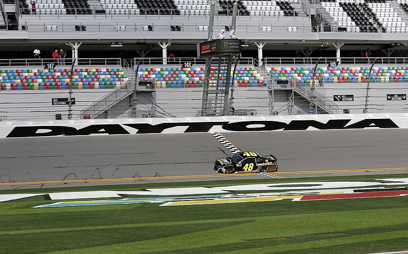 Jimmie Johnson (48) drives laps during a NASCAR auto racing practice session on Saturday at Daytona International Speedway in Daytona Beach, Fla.
