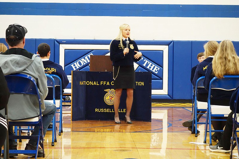 <p>Allen Fennewald/News Tribune</p><p>Missouri State FFA President Abby Bertz speaks at the Russellville FFA ceremony Monday in the high school gymnasium.</p>