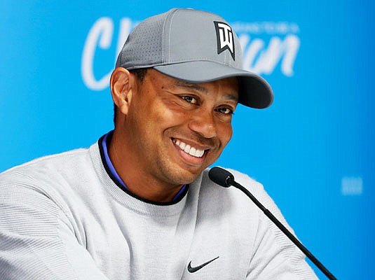 Tiger Woods talks during a meeting with the media Tuesday at Riviera Country Club in Los Angeles.