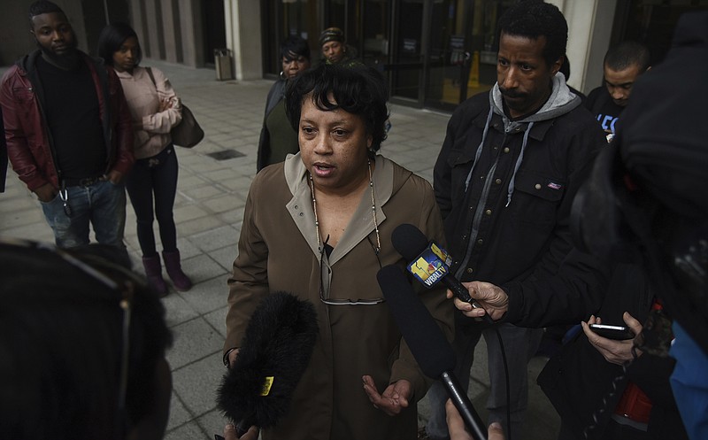 Rhanda Dormeus, the mother of Korryn Gaines, speaks to the media on Friday, Feb. 16, 2018 in Towson, Md.  The family of Korryn Gaines, who was fatally shot by police two years ago may never receive the entire $37 million it was awarded in a lawsuit this week. Maryland has a cap on local governments' liabilities in such cases, and judges have a tendency to lower large awards on appeal.  Legal experts say that it's unlikely the young son of Korryn Gaines and other relatives will see all the money awarded Friday.  (Barbara Haddock Taylor/The Baltimore Sun via AP)
