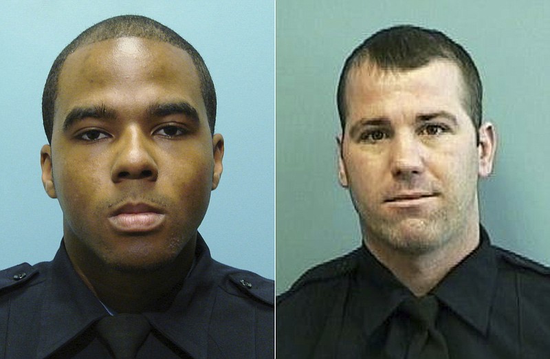 This photo combo from images provided by the Baltimore Police Department show from left, Detective Marcus Taylor and  Detective Daniel Hersl.   Taylor and Hersl  were convicted of robbery, racketeering, and conspiracy on Feb. 12, 2018, in a trial that's part of an ongoing federal investigation into corruption among rogue members of the city's beleaguered police force.  Acting Police Commissioner Darryl DeSousa says the department is determined to mend fences with the community. He’s introduced plans for random integrity and polygraph testing and created a new anti-corruption unit.(Baltimore Police Department via AP, File)