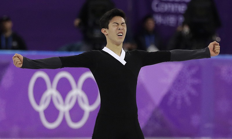 Nathan Chen of the United States reacts following his performance during the men's free figure skating final in the Gangneung Ice Arena at the 2018 Winter Olympics in Gangneung, South Korea, Saturday, Feb. 17, 2018. (AP Photo/David J. Phillip)