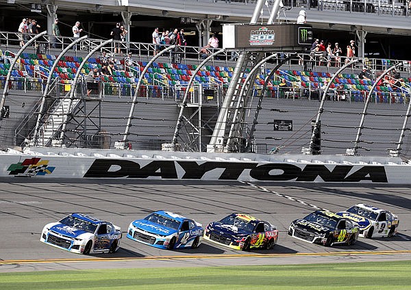 Alex Bowman (88), Kyle Larson (42), William Byron (24), Jimmie Johnson (48) and Chase Elliott (9) run laps Friday during a practice session for today's Daytona 500 at Daytona International Speedway in Daytona Beach, Fla.