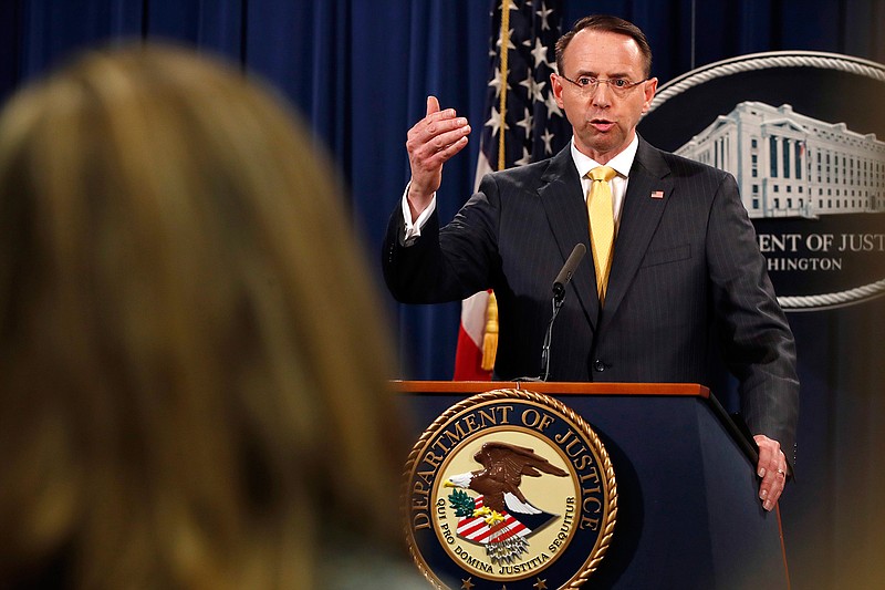 Deputy Attorney General Rod Rosenstein answers a question after announcing that the office of special counsel Robert Mueller announced a grand jury has charged 13 Russian nationals and several Russian entities, Friday, Feb. 16, 2018, in Washington. The defendants with an elaborate plot to interfere in the 2016 U.S. presidential election. (AP Photo/Jacquelyn Martin)