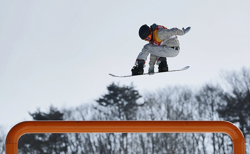 Red Gerard, of the United States, jumps during the men's slopestyle final at Phoenix Snow Park at the 2018 Winter Olympics in Pyeongchang, South Korea, Sunday, Feb. 11, 2018. (AP Photo/Gregory Bull)