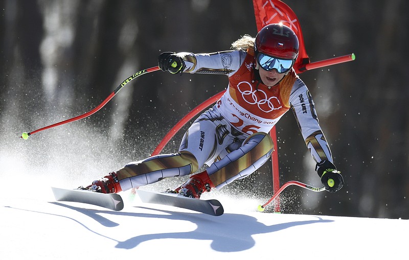 Czech Republic's Ester Ledecka competes in the women's super-G at the 2018 Winter Olympics in Jeongseon, South Korea, Saturday, Feb. 17, 2018. (AP Photo/Alessandro Trovati)
