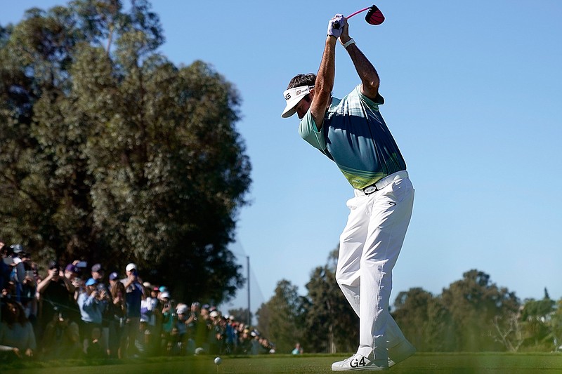 Bubba Watson tees off on the second hole during the final round of the Genesis Open golf tournament at Riviera Country Club Sunday, Feb. 18, 2018, in the Pacific Palisades area of Los Angeles. (AP Photo/Ryan Kang)