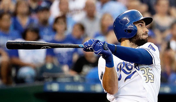 Eric Hosmer hits a three-run home run during a game last season against the Twins at Kauffman Stadium.