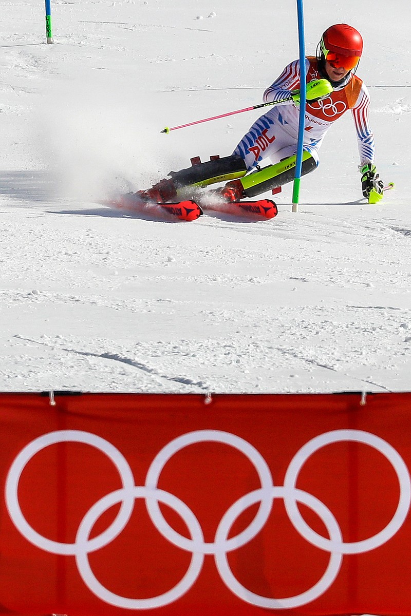 United States' Mikaela Shiffrin skis during the second run of the women's slalom Friday at the 2018 Winter Olympics in Pyeongchang, South Korea. (Associated Press)