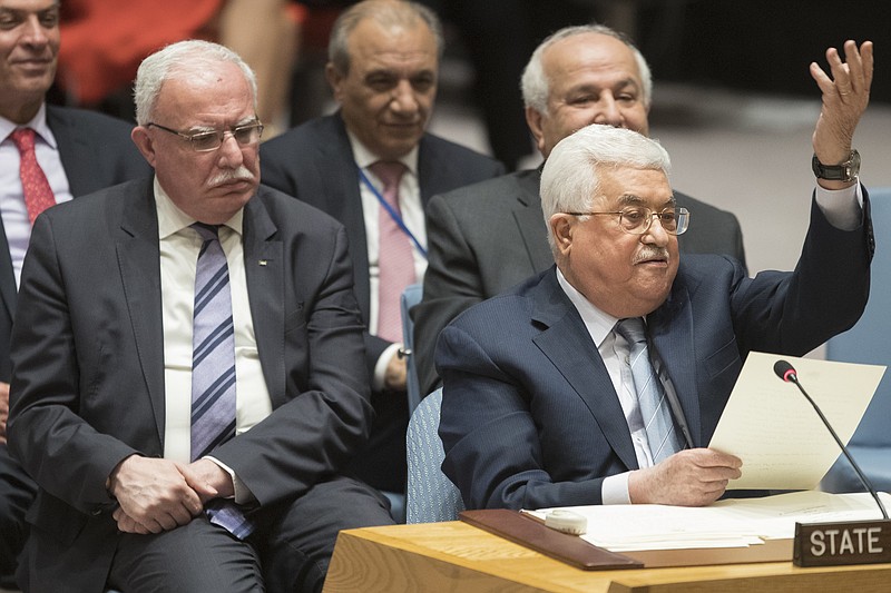 Palestinian President Mahmoud Abbas speaks during a Security Council meeting on the situation in Palestine, Tuesday, Feb. 20, 2018 at United Nations headquarters. (AP Photo/Mary Altaffer)