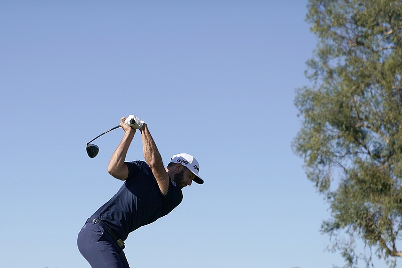 Dustin Johnson tees off on the second hole during the final round of the Genesis Open golf tournament at Riviera Country Club Sunday, Feb. 18, 2018, in the Pacific Palisades area of Los Angeles. (AP Photo/Ryan Kang)