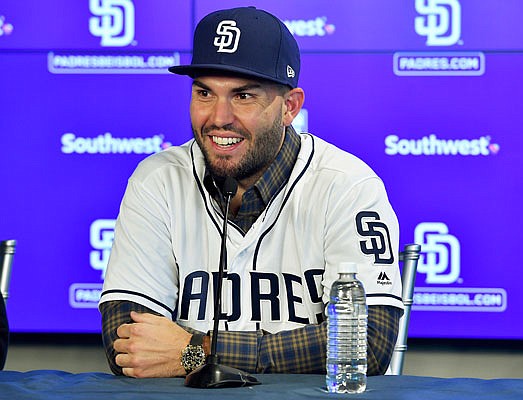 Eric Hosmer smiles Tuesday during a press conference in Peoria, Ariz., officially announcing the former Royal first baseman had signed with the Padres.
