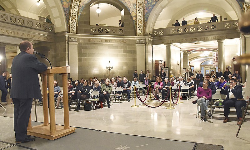 Rep. Tom Hannegan, a gay Republican from St. Charles, addresses PROMO, Missouri's LGBT advocacy organization, Tuesday during the annual Equality Day. The day began with sign-ins and tips on how to lobby legislators followed by a rally in the Rotunda and visits to lawmakers. 