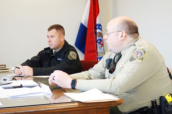 Sheriff Clay Chism, left, and Lt. Curtis Hall of the Callaway County Sheriff's Office tell Callaway County Commissioners about their intention to reapply for the MoDOT Highway Safety Grant. For 2018-19, the sheriff's office is requesting $9,030.