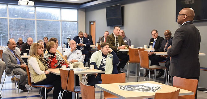 William E. Hudson Jr., right, addresses community members and the Lincoln University Board of Curators on Wednesday morning at The Linc. Hudson is one of two candidates still in the running for the president of the university.