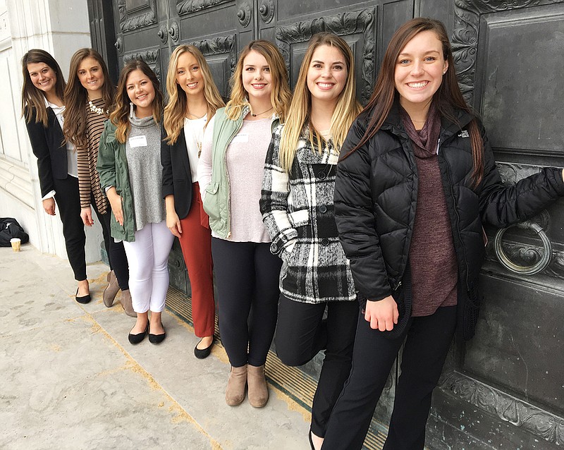 A group of nursing students from the Missouri Nurses Association Advocacy Day pose in front of the Capitol doors. From left are Jordan Morton, Ally Kroencke, Hailey Schulz, Cassidy Brockman, Megan Moore, Courtney Sibert and Bianca Mathi.