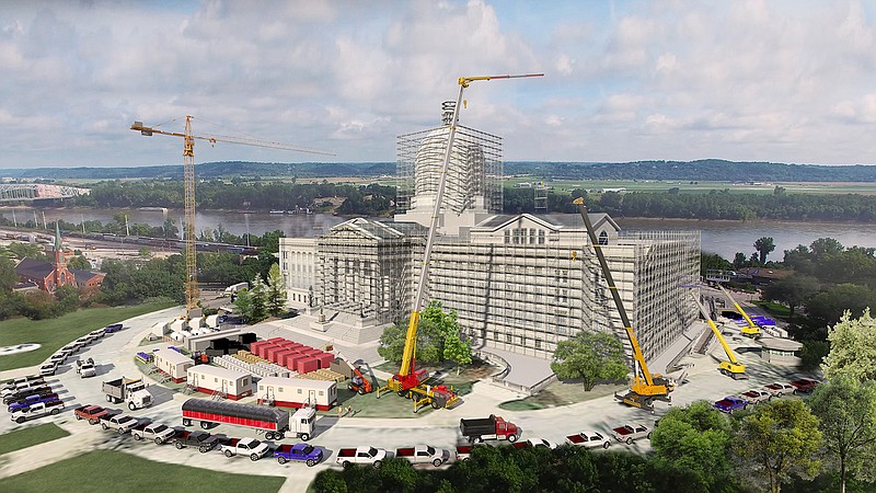 This architectural rendering provided by the Missouri Office of Administration shows how the construction site around the Missouri State Capitol will be set up. The second phase of renovations to the Capitol is set to begin March 2, 2018, and continue through December 2020.