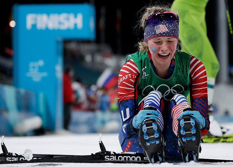 Jessica Diggins, of the United States, celebrates after winning the gold medal in the during women's team sprint freestyle cross-country skiing final at the 2018 Winter Olympics in Pyeongchang, South Korea, Wednesday, Feb. 21, 2018. (AP Photo/Matthias Schrader)