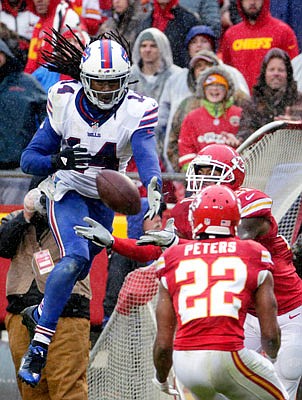 Chiefs cornerback Marcus Peters watches as a pass intended for Bills wide receiver Sammy Watkins is incomplete during a 2015 game at Arrowhead Stadium.