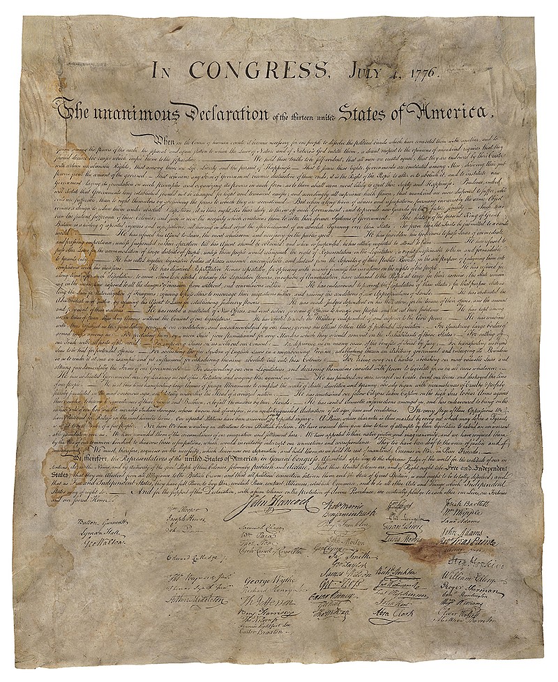 This April 5, 2017 image provided by Seth Kaller, Inc. shows a rare parchment copy of the Declaration of Independence, made in Washington in the 1820s for founding father James Madison. During the Civil War, the precious document was hidden behind wallpaper in a home in Virginia to keep Union soldiers from finding it. Later, it sat in a closet in Kentucky, in a broken frame, unappreciated and stored in a cardboard box. (Seth Kaller INC. via AP)